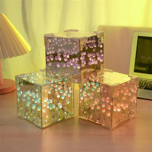 Magic Cube Tulips Flower Table Lamp Handmade and Mirror 2 in 1, Gifts for Women and Girl