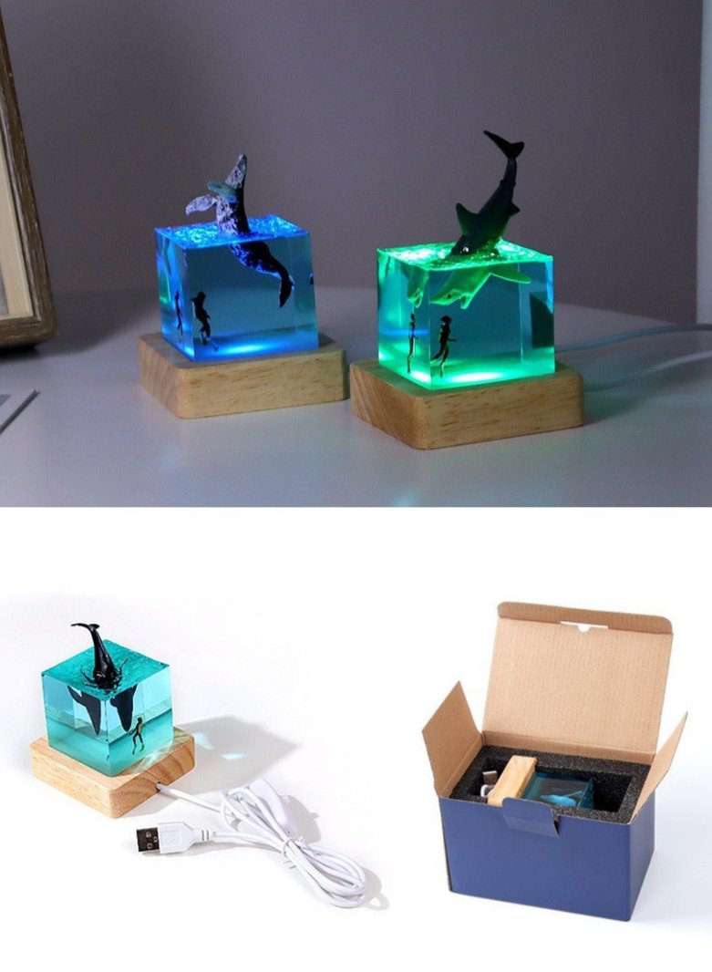 Night Light Epoxy Resin Deep Sea Night Lamp Bedside Table Lamp with USB Stand