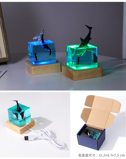 Night Light Epoxy Resin Deep Sea Night Lamp Bedside Table Lamp with USB Stand